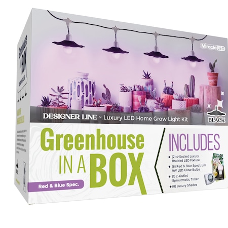 Miracle Led 4-Socket Greenhouse in a Box Grow Light Kit Red&Blue Spec 9W Replace 150W, Black Shades, Timer, 2PK 802419